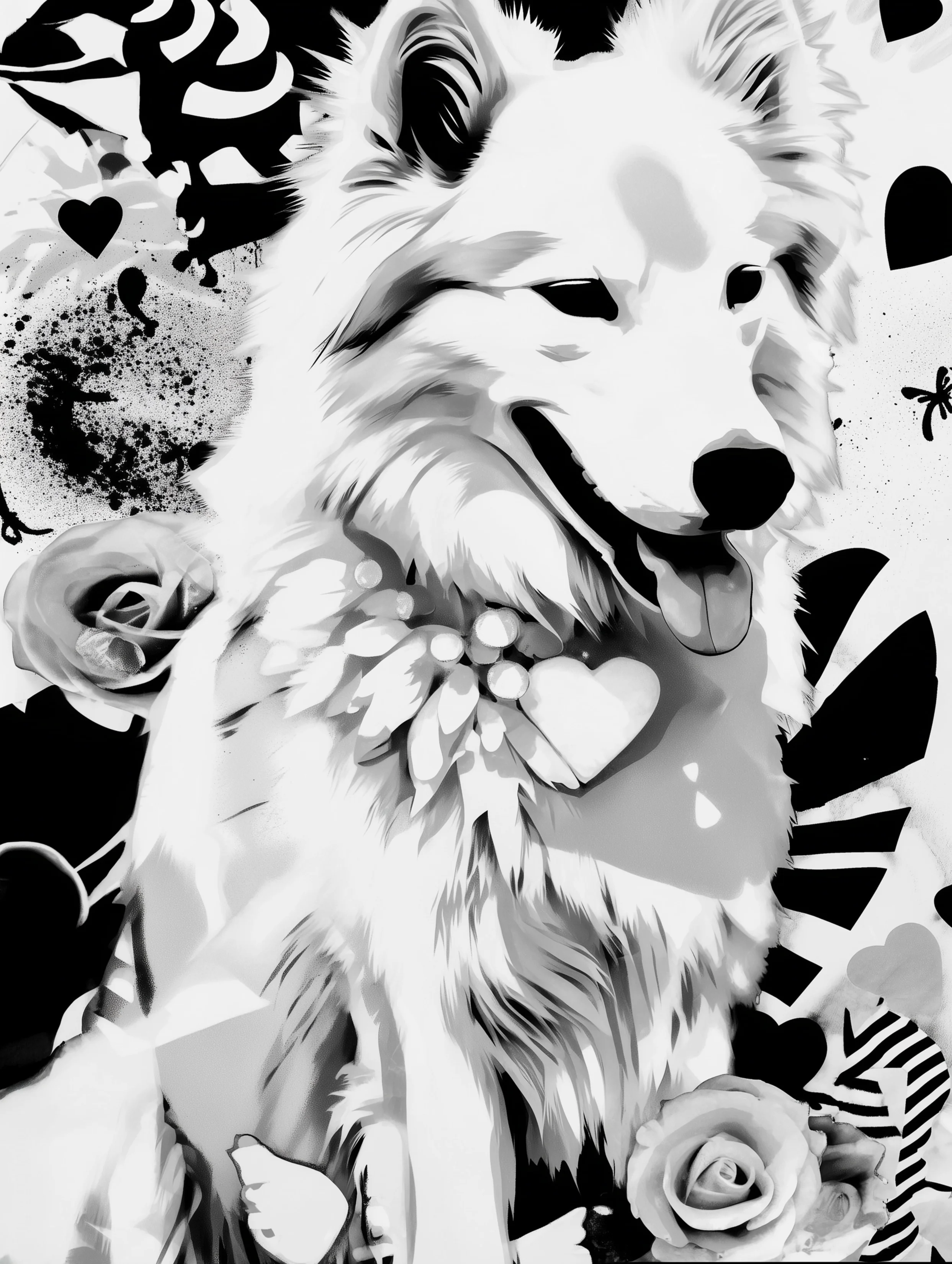 Free printable dog coloring page for adults featuring white husky with heart collar